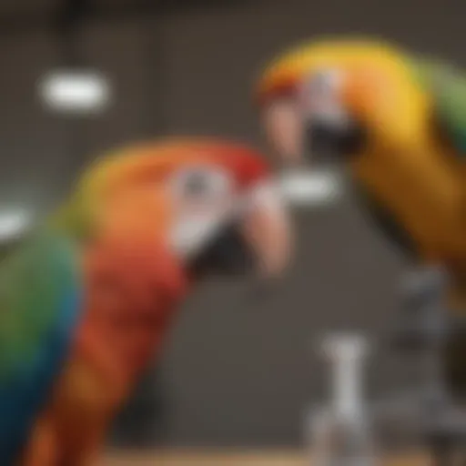 A colorful parrot being examined by a veterinarian in a mobile clinic.