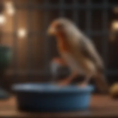 Bird drinking from a water bowl inside its cage