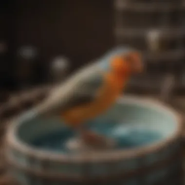 Close-up of a ceramic water bowl in a bird cage