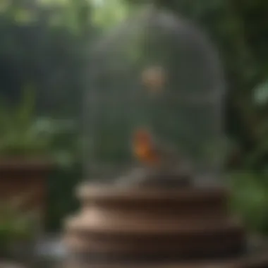 A serene birdcage setting with a water fountain, emphasizing a calming environment.