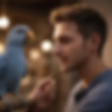 A pet bird interacting playfully with its owner