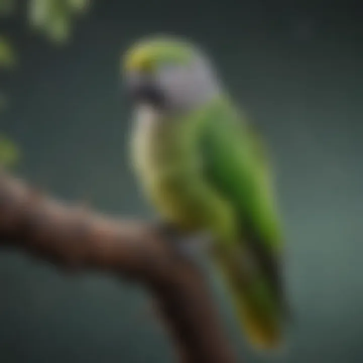 A vibrant Quaker parrot perched on a branch, showcasing its beautiful plumage.