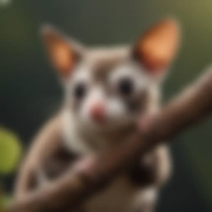 A lively sugar glider perched on a branch in its habitat