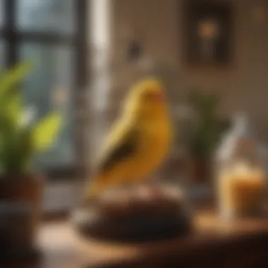 A cozy indoor setting with a birdcage featuring a happy canary.