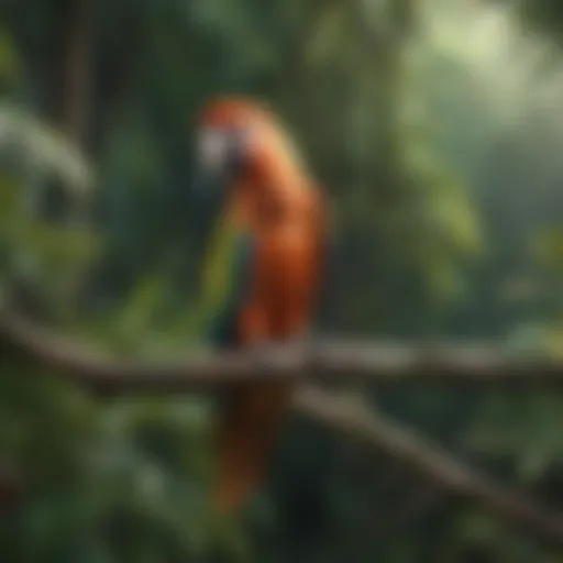 A vibrant parrot perched on a branch in a lush environment.