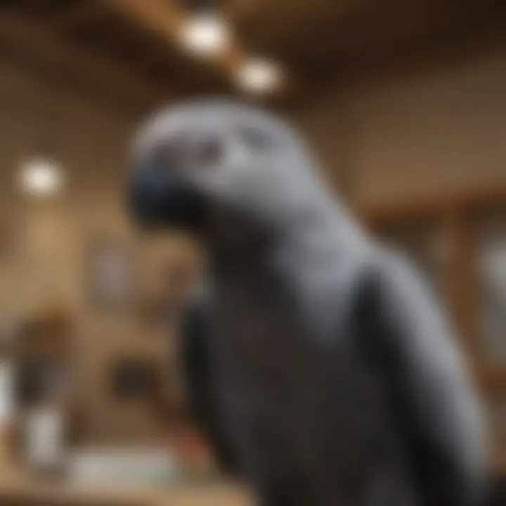 A cozy pet adoption center with African Grey parrots available for adoption.