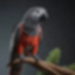 A stunning African Grey parrot perched on a branch, showcasing its vibrant feathers.