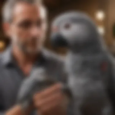 A reputable breeder interacting with an African Grey parrot, highlighting the care provided.