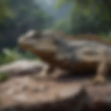 A serene scene of a large reptile resting on a rock, highlighting its intricate scales