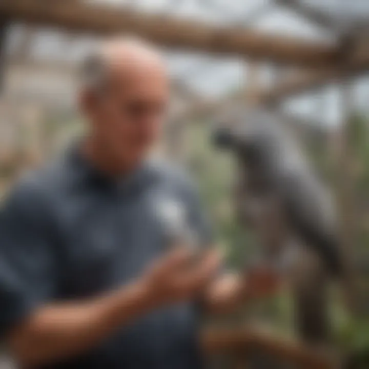 A knowledgeable breeder interacting with a grey parrot in an aviary, highlighting a reputable source.