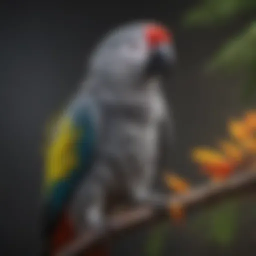 A vibrant grey parrot perched on a branch, showcasing its colorful feathers in a natural setting.