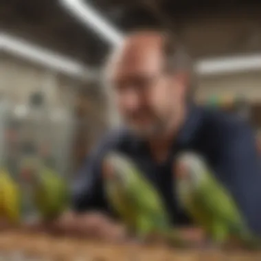 Breeder interacting with parakeets