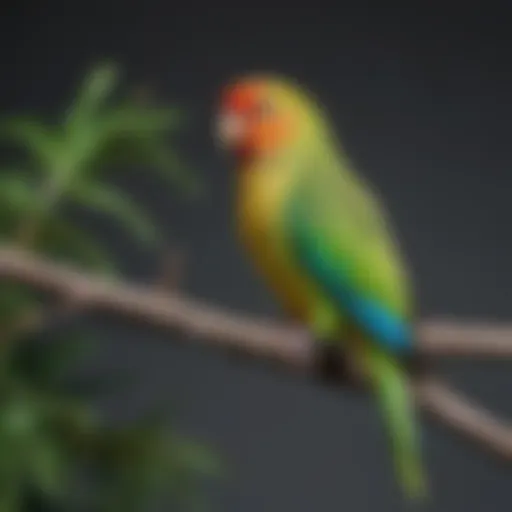 A vibrant parakeet perched on a branch, showcasing its colorful feathers