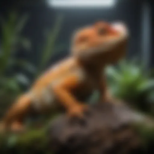 A vibrant bearded dragon perched on a branch in a naturalistic terrarium.