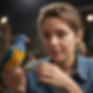 A caring volunteer interacting with birds at a rescue organization