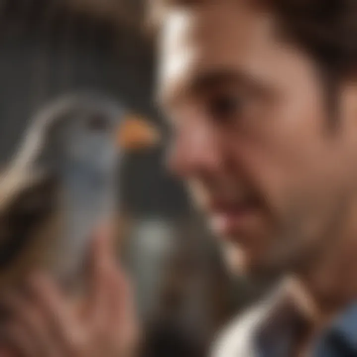 A close-up of a bird interacting with its owner, capturing the essence of emotional connection.