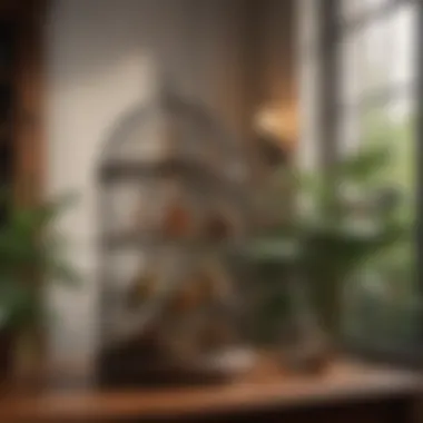 Harmonious Living Space An elegant birdcage adorned with natural elements, representing a harmonious living space.