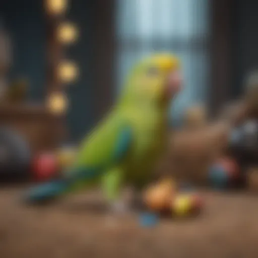 Colorful parakeets interacting with toys